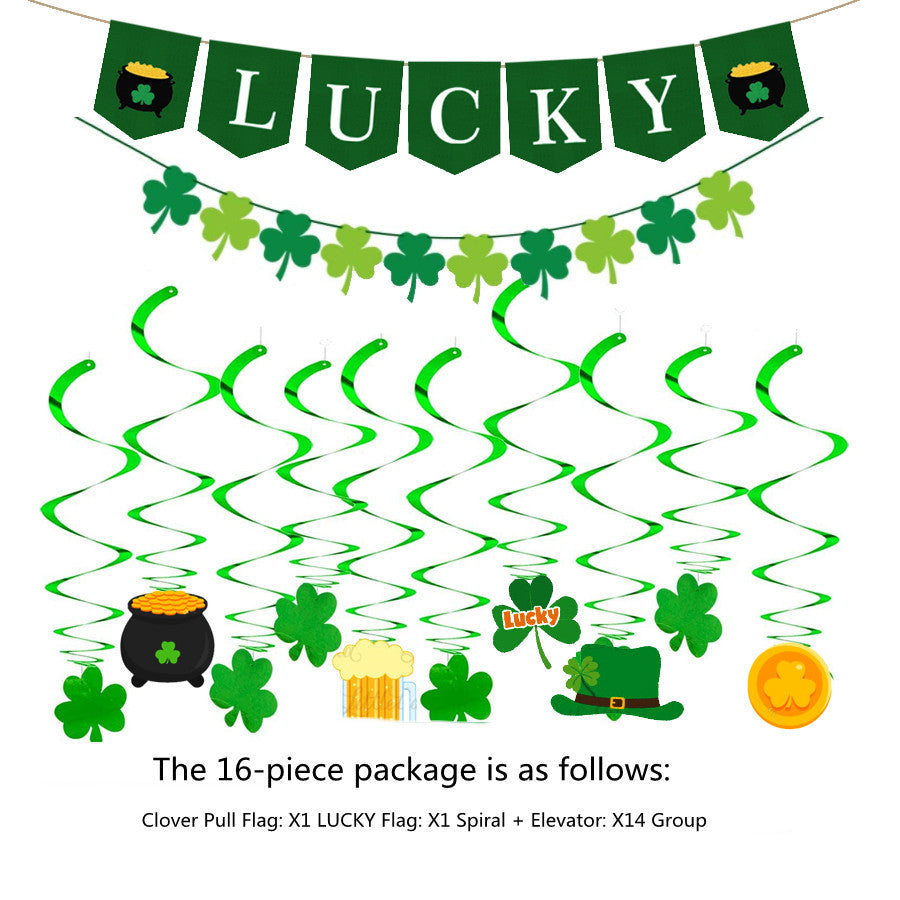 St. Patrick's Day Four Leaf Clover Lrish Festival Party Felt Banner Pull Flag