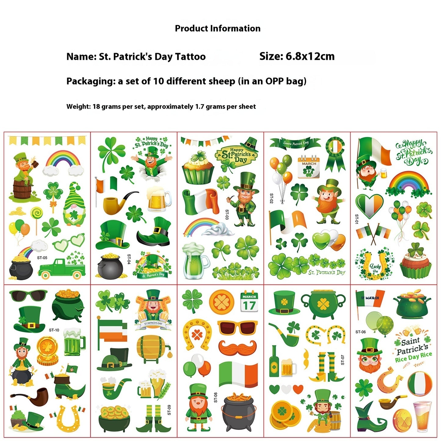Kids St. Patrick's Day Temporary Tattoos - Fun Irish Cartoon Party Stickers