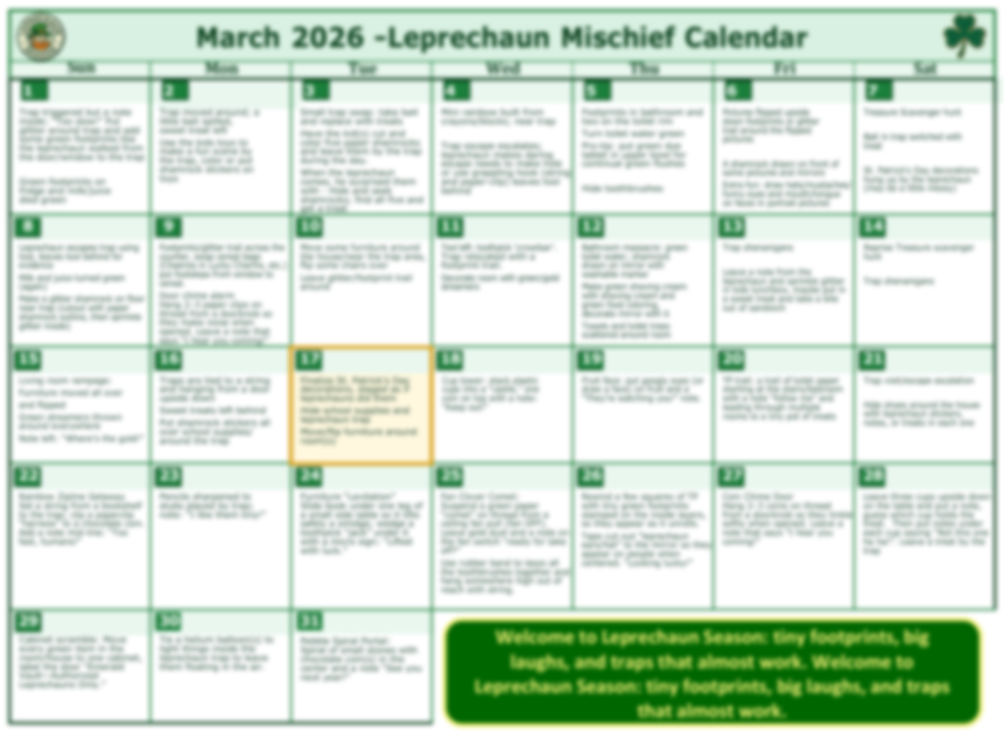 2026 Leprechaun March Mischief Calendar