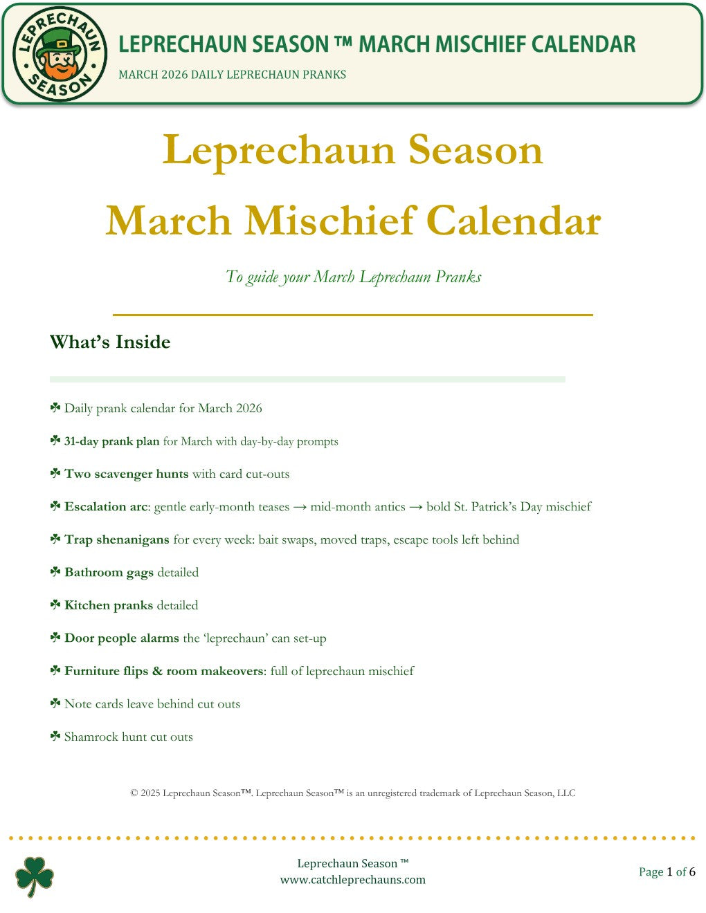 2026 Leprechaun March Mischief Calendar
