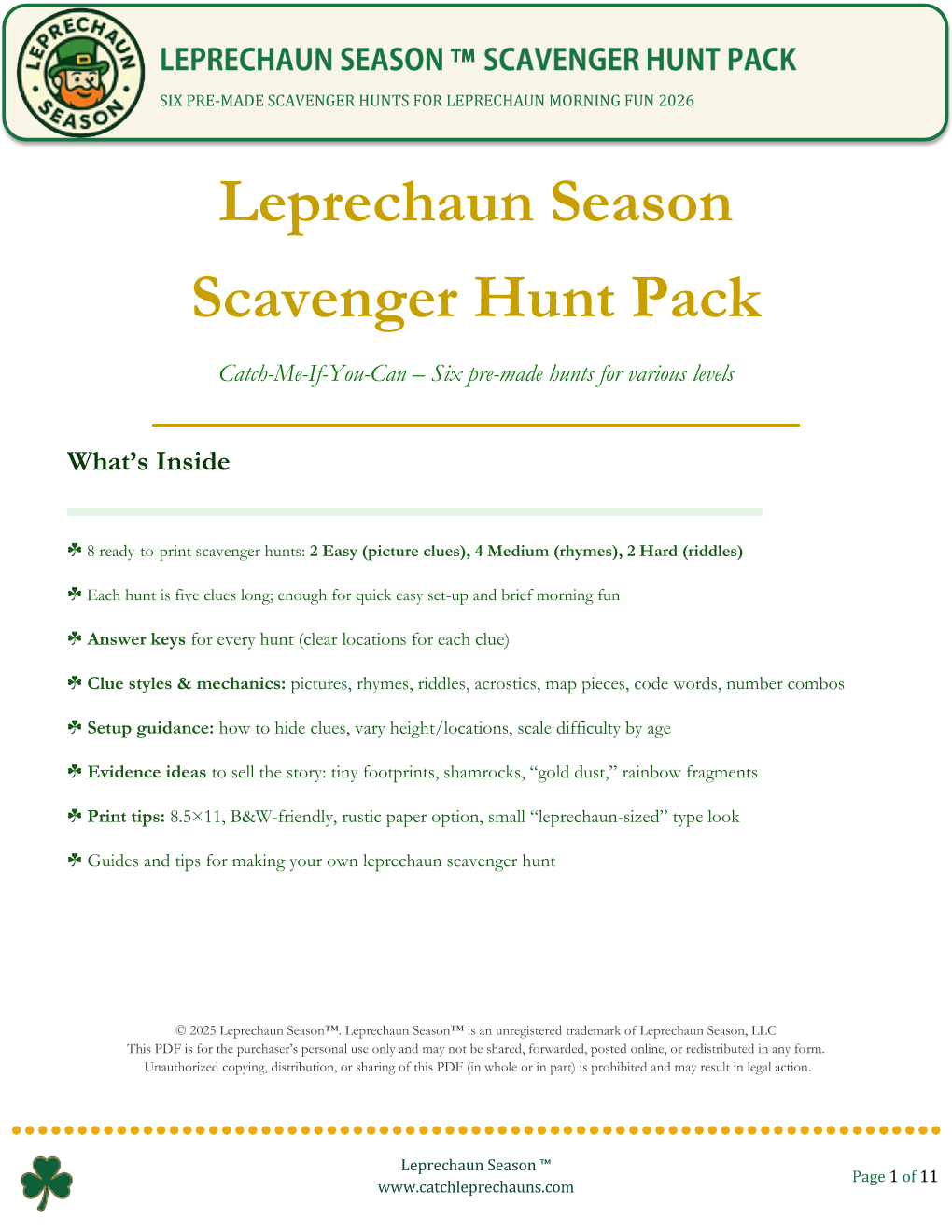 March Leprechaun Scavenger Hunt PDF - 8 Ready-to-Print Adventures